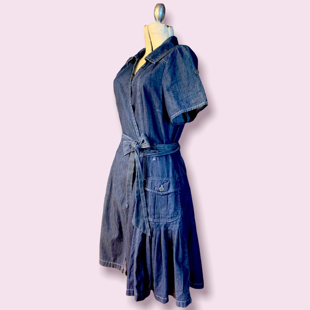 Denim True Wrap Dress with Pleats and Pockets